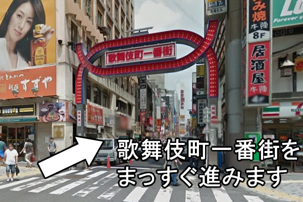 歌舞伎町一番街のアーケードをくぐり、まっすぐ歩いていきます。